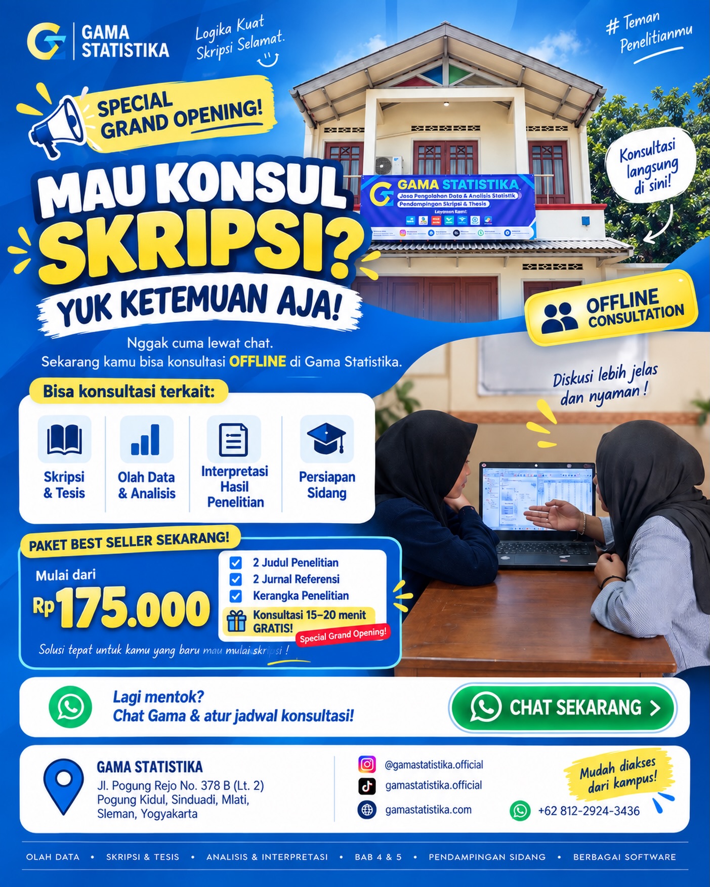 Konsul skripsi sekarang bisa ketemu langsung! 👀💙Gama Statistika sekarang punya lokasi baru dan